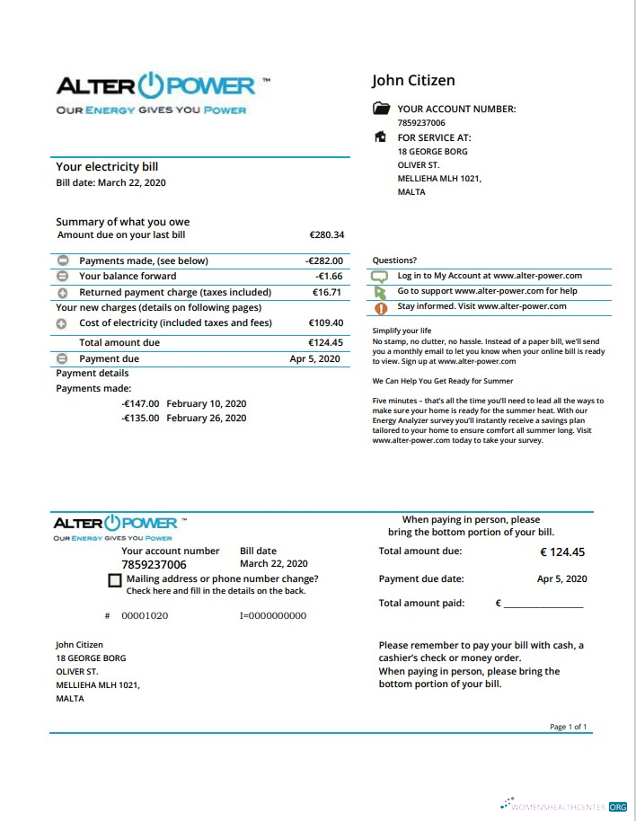 download Malta AlterPower Malta proof of address utility bill template in Word and PDF format PDF template